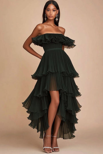 Dark Green Strapless Tiered Long Formal Dress with Ruffles